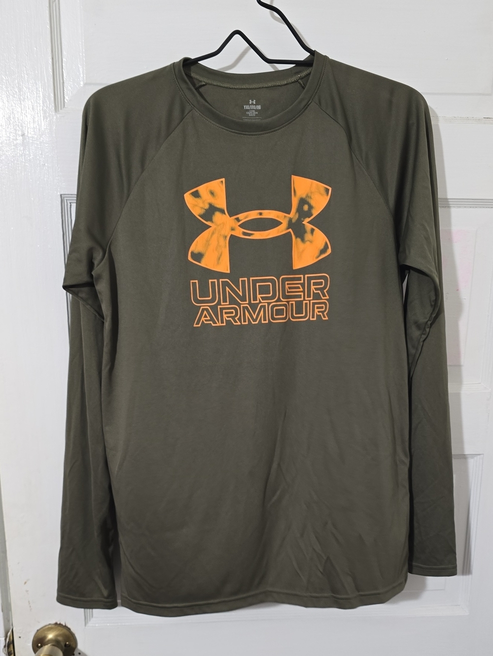 Under Armour Boys Olive Long Sleeve Tech Shirt with Orange Logo